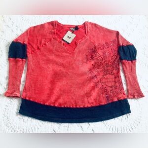 Harley Davidson Red Navy Womens Waffle Knit Top Distressed L/S Boho OOAK 2W NWT